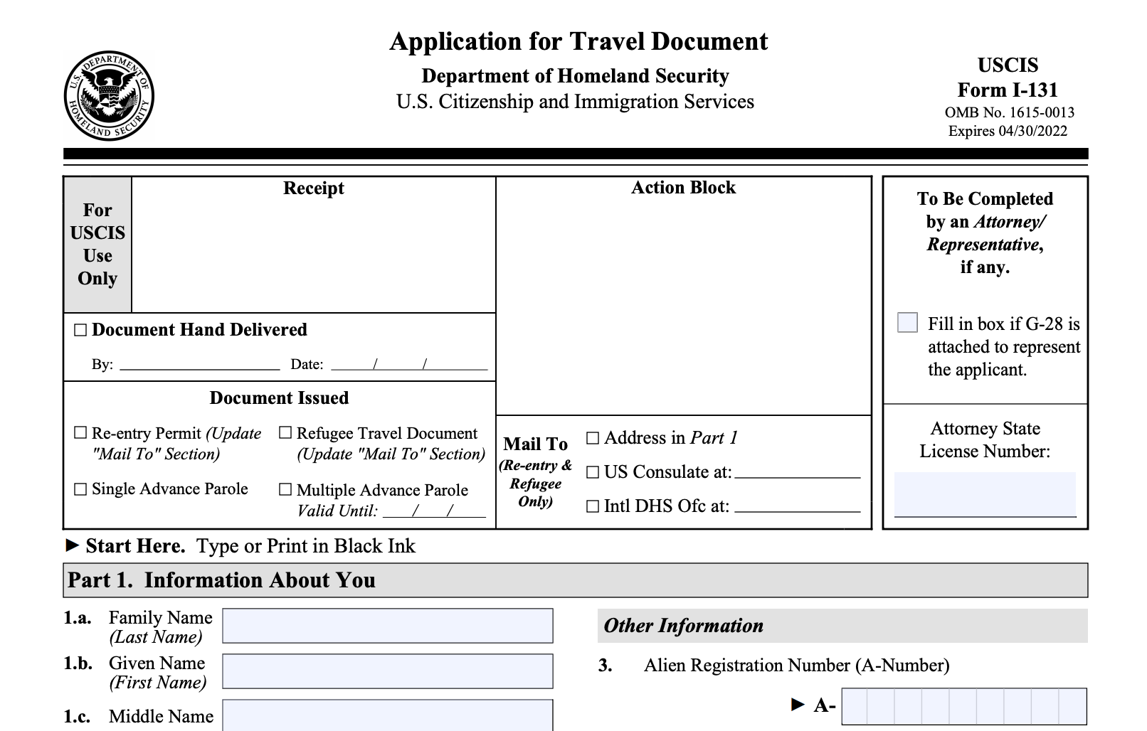 I-131, Application for Travel Document