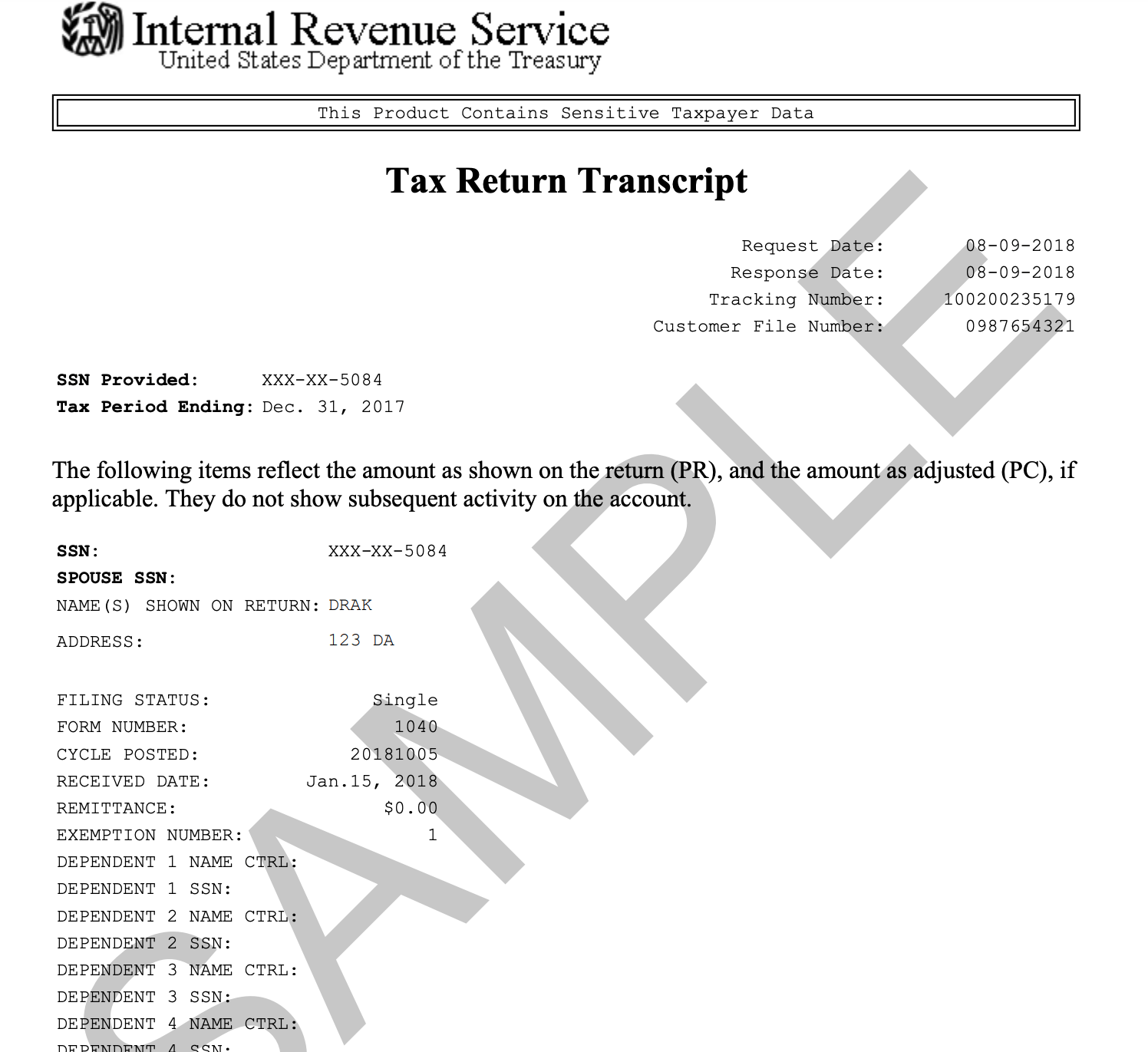U.S. Federal Tax Return Transcript