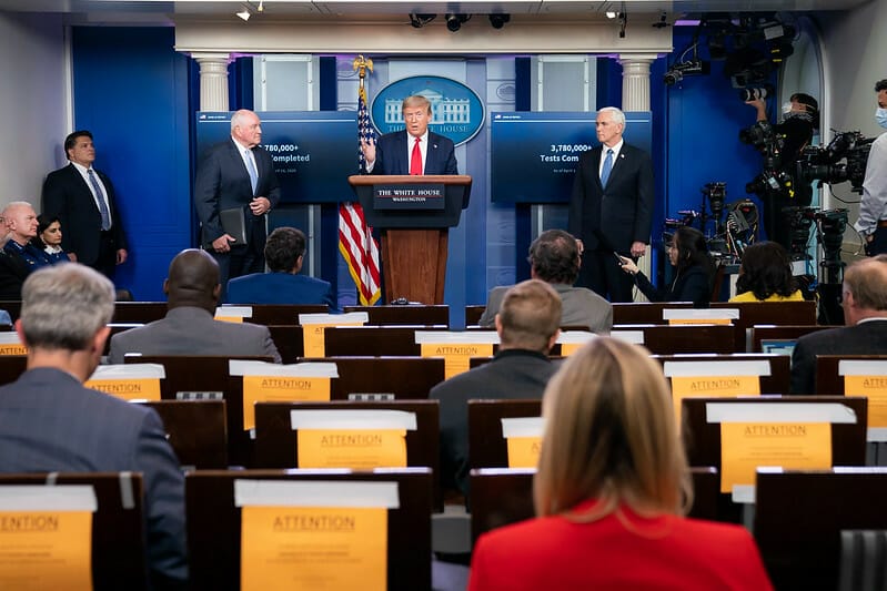 President Trump at a 2020 coronavirus press briefing