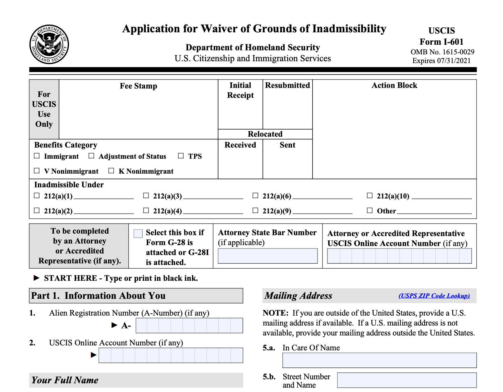 Forms I601, I601A Applying For a Waiver of Inadmissibility