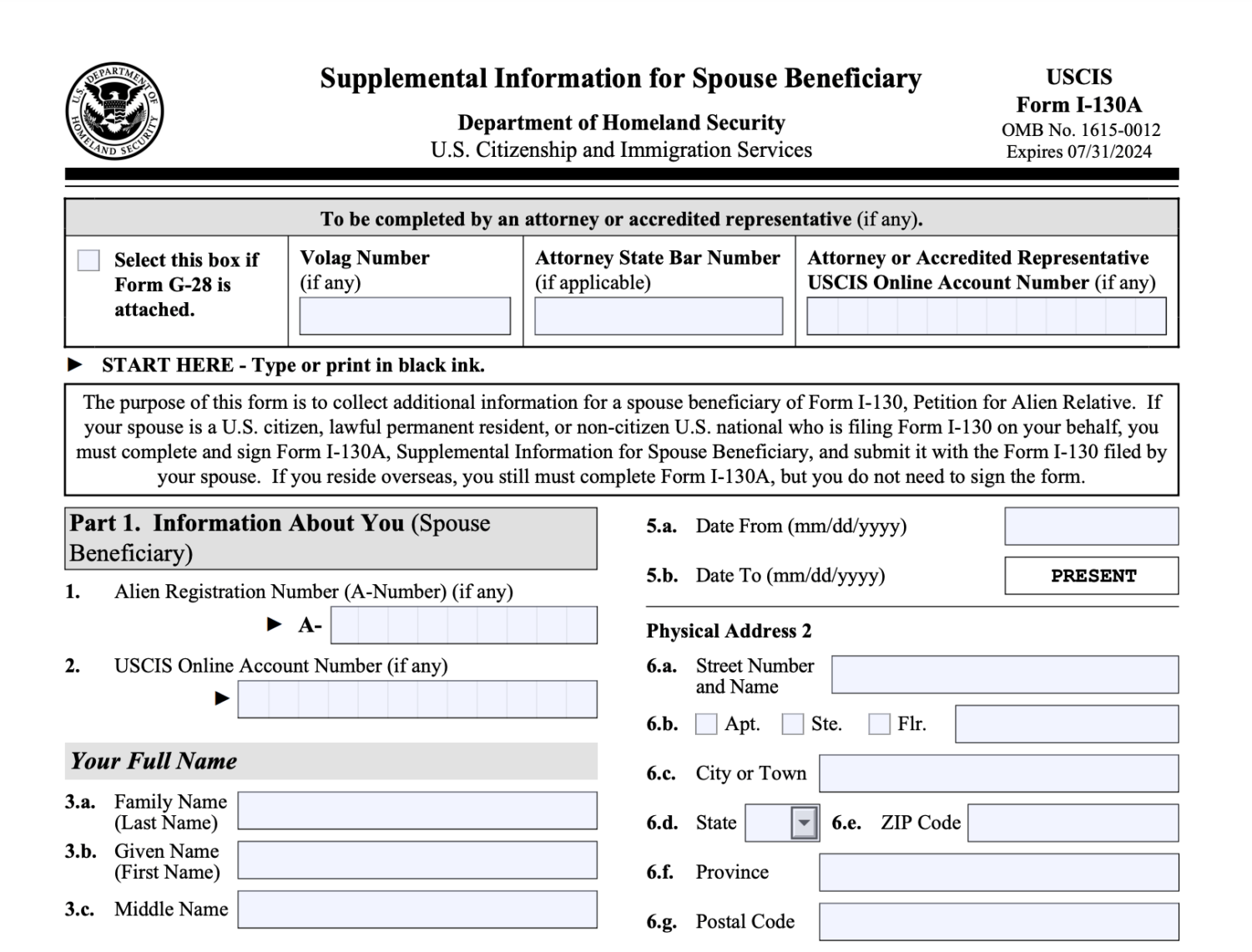 Form I-130A sample