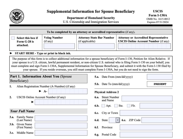 U.S. Immigration Form I130A for Spouses Seeking a Green Card