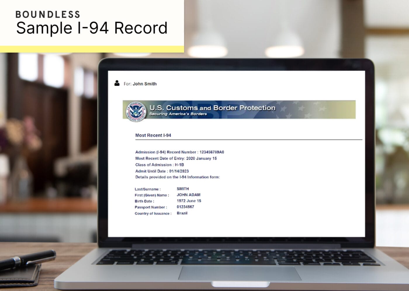 Image of a computer with I-94 Record on the screen