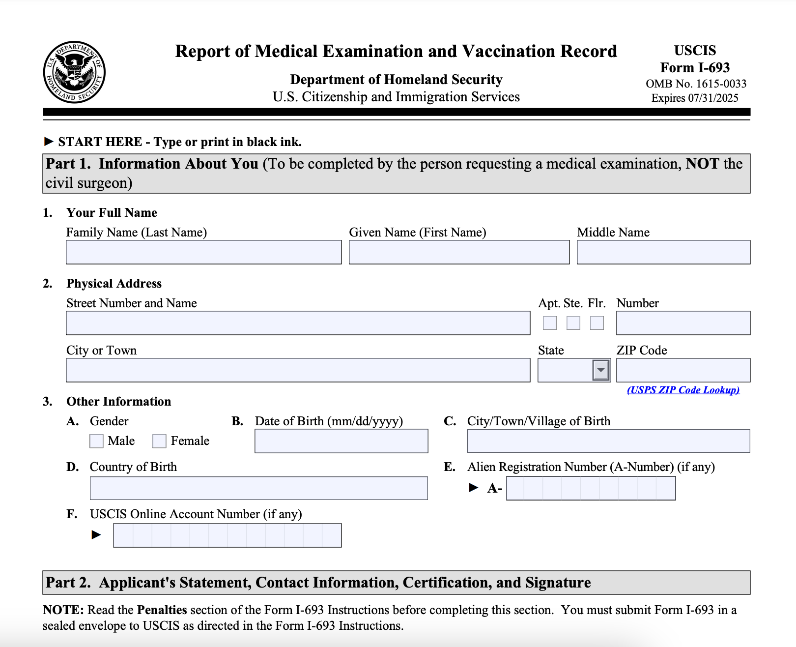 Form I-693 Report of Medical Examination and Vaccination Record 