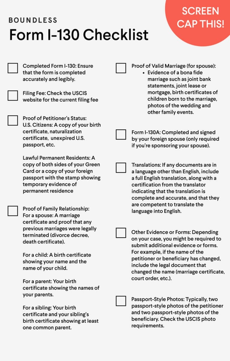 documents needed to file i 130 for parents